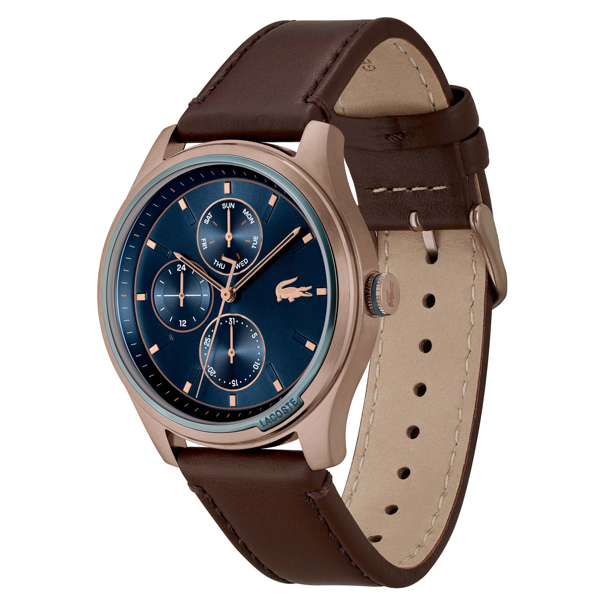 Lacoste Musketeer Brown Leather Blue Sunray Dial Multi-function Men's Watch - 2011210