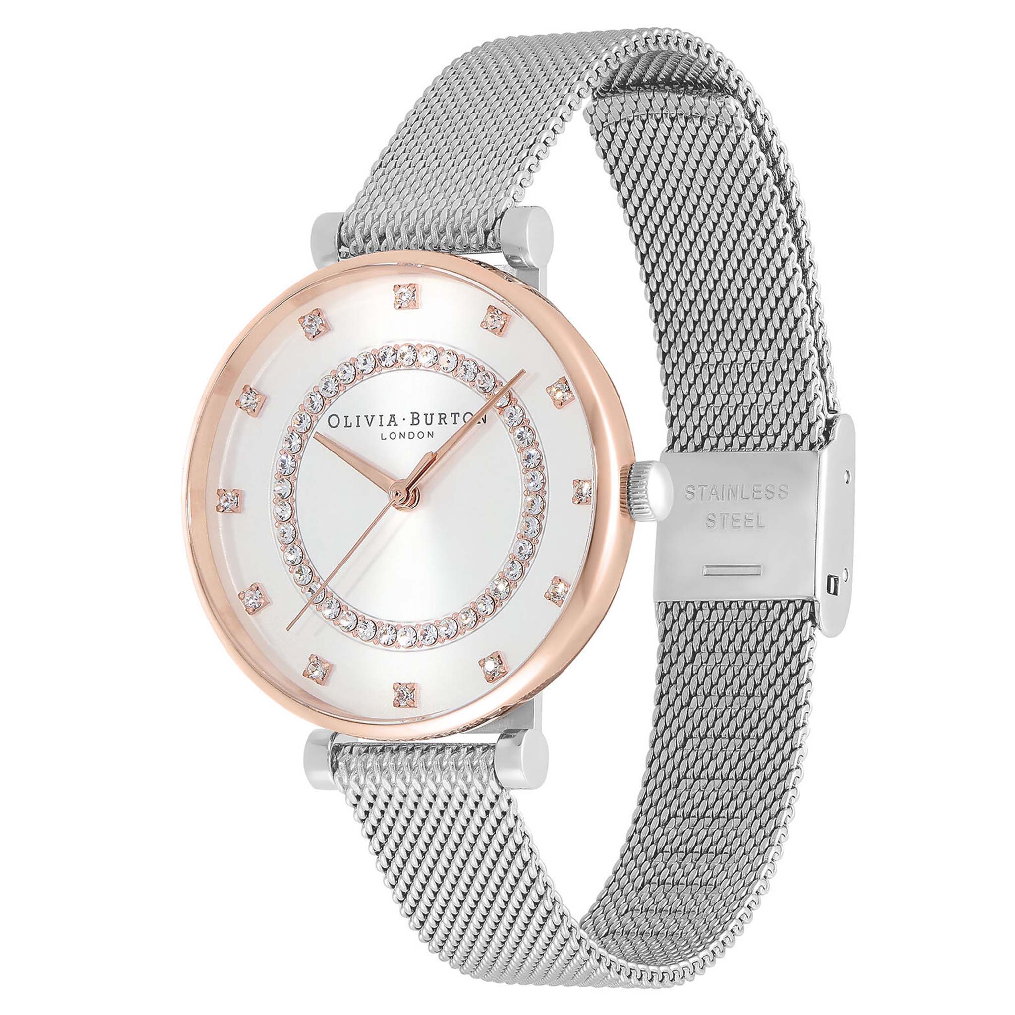 Olivia Burton Steel Mesh Silver White & Stone Dial Women's Watch - 24000004