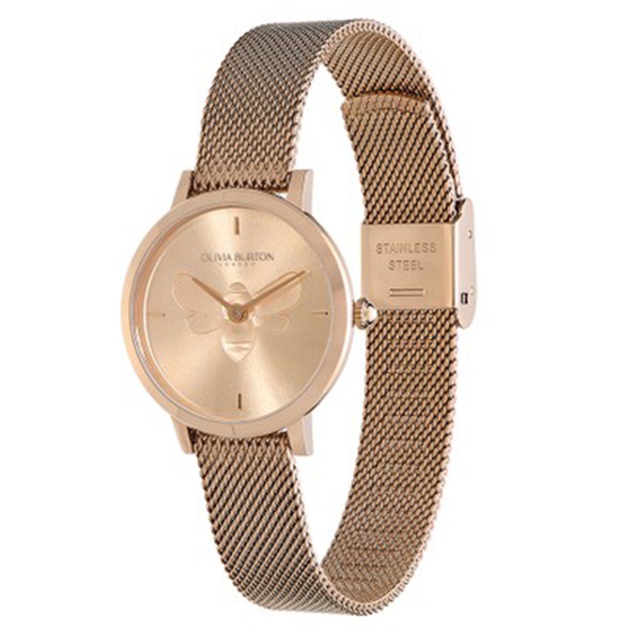 Olivia Burton Ultra Slim Bee Carnation Gold Steel Mesh Women's Watch - 24000020