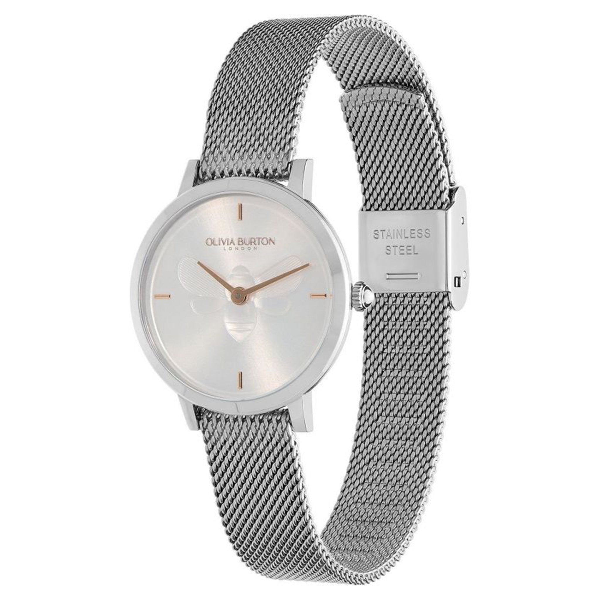 Olivia Burton Ultra Slim Bee Steel Mesh White Dial Women's Watch - 24000021