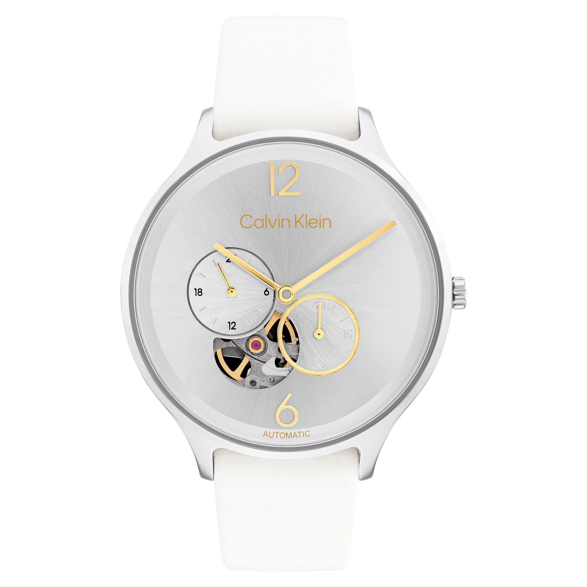 Calvin Klein White Leather Silver Dial Mech-Automatic Women's