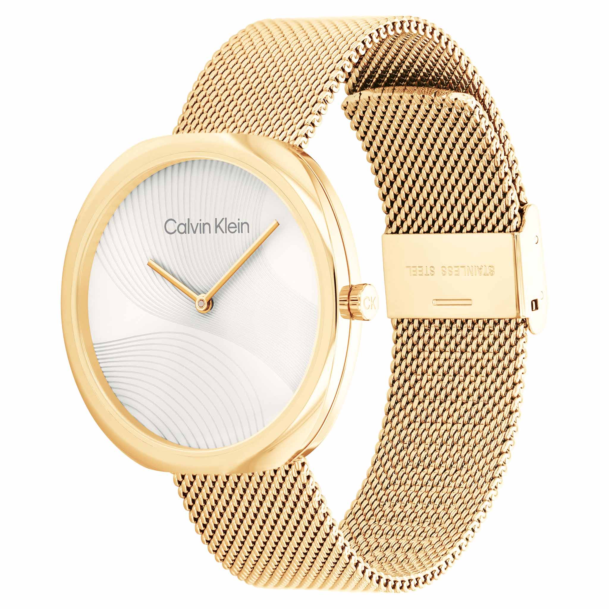 Calvin Klein Gold Steel Mesh Silver White Dial Women's Watch - 25200246