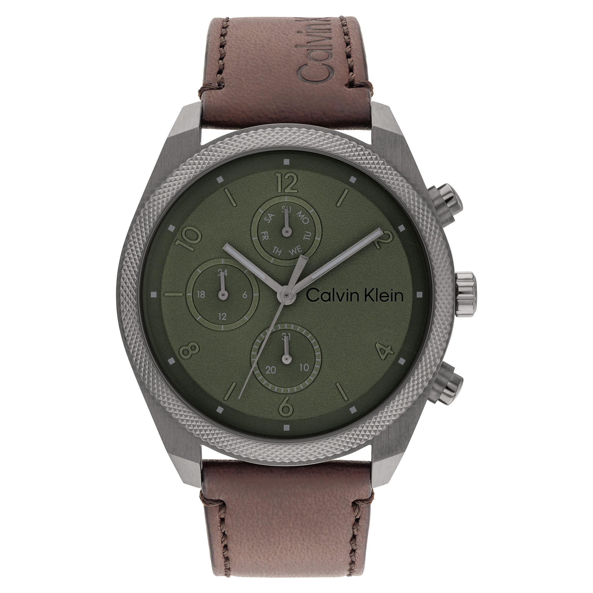 Calvin Klein Impact Dark Brown Leather Green Dial Multi-function Men's - 25200363