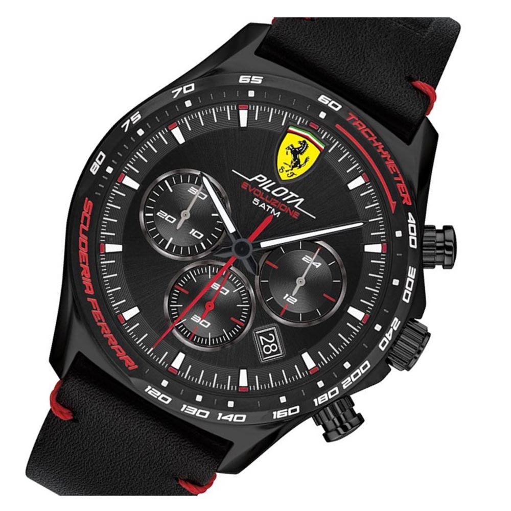 Scuderia Ferrari Pilota Evo Black Leather Chronograph Men's Sport Watch - 830712