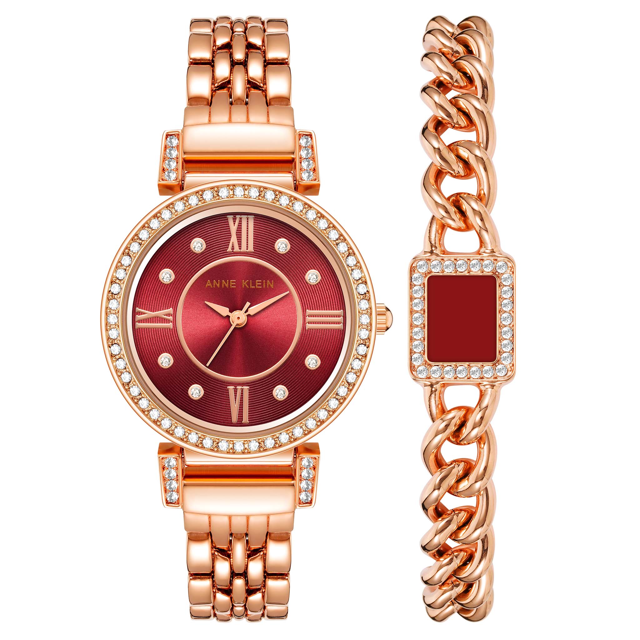 Anne Klein Rose Gold 1Pc Box Set: Enamel Crystal Chain Bracelet Mixed Metal Burgundy Dial Women's Watch - AK2928BRST