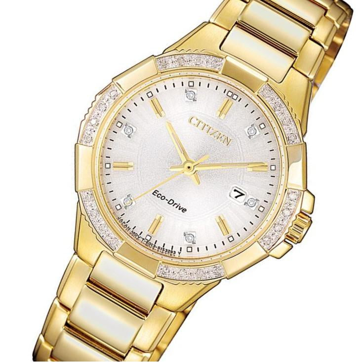 Citizen Ladies Diamond Eco-Drive Gold Stainless Steel Watch - EW2462-51A
