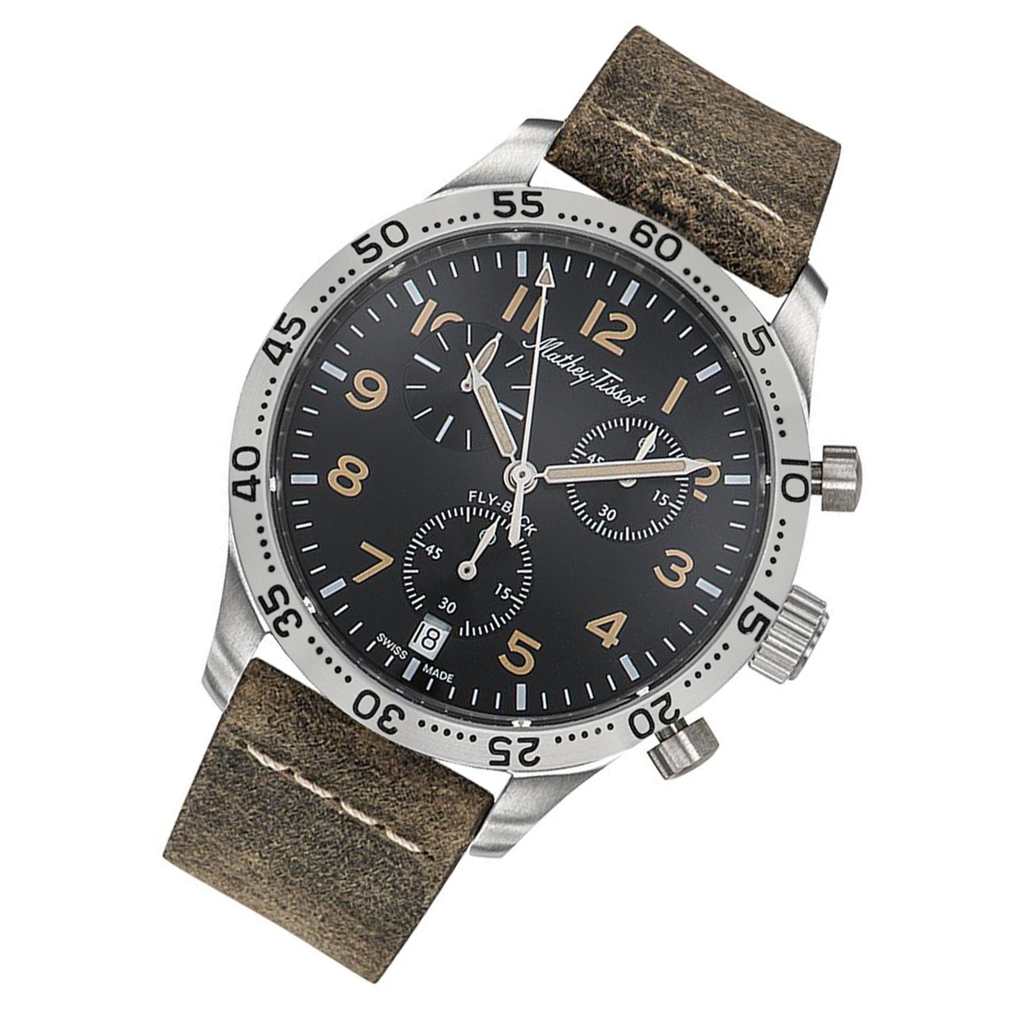 Mathey-Tissot Type 21 Flyback Leather Black Dial Swiss Made Men's Watch - H1821CHALNO