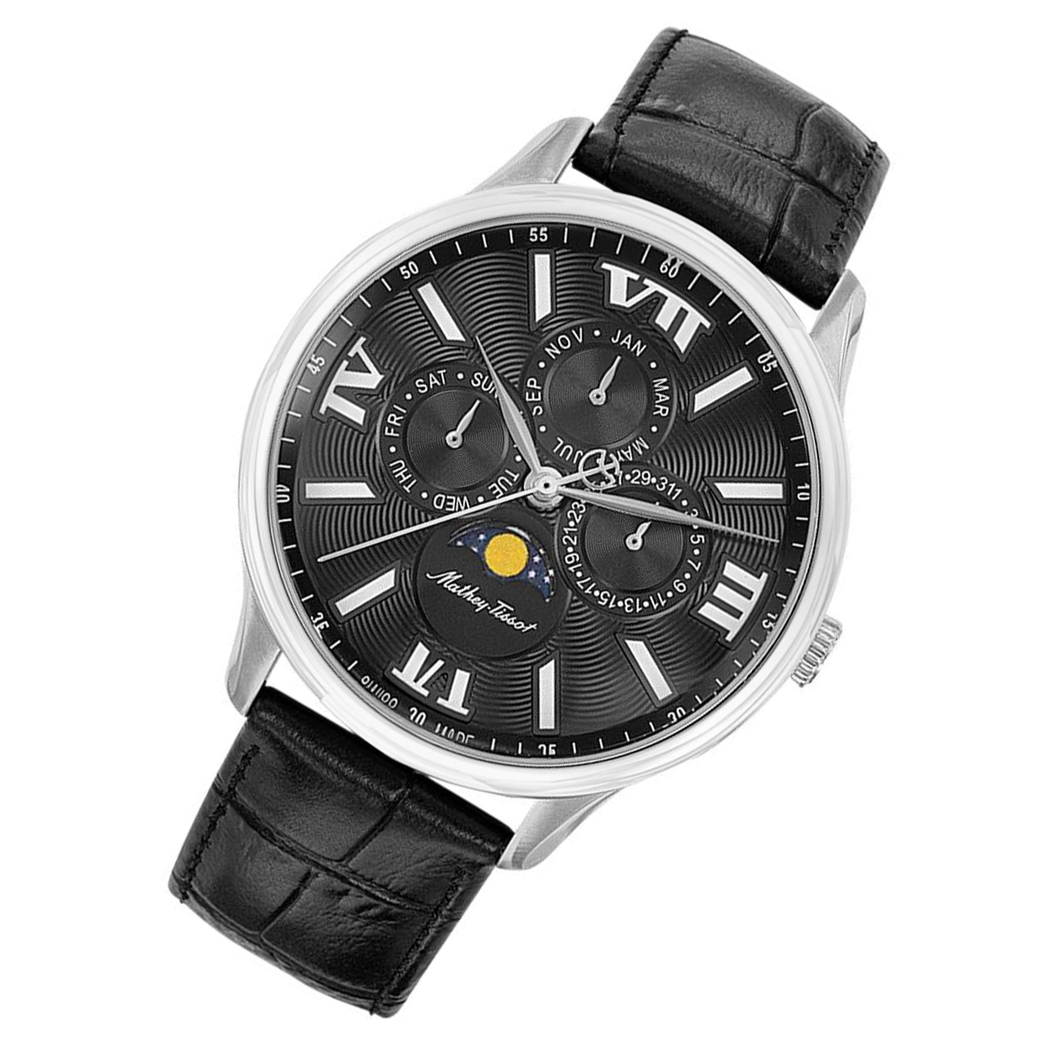 Mathey-Tissot Edmond Moon Leather Black Dial Swiss Made Men's Watch - H1886RAN