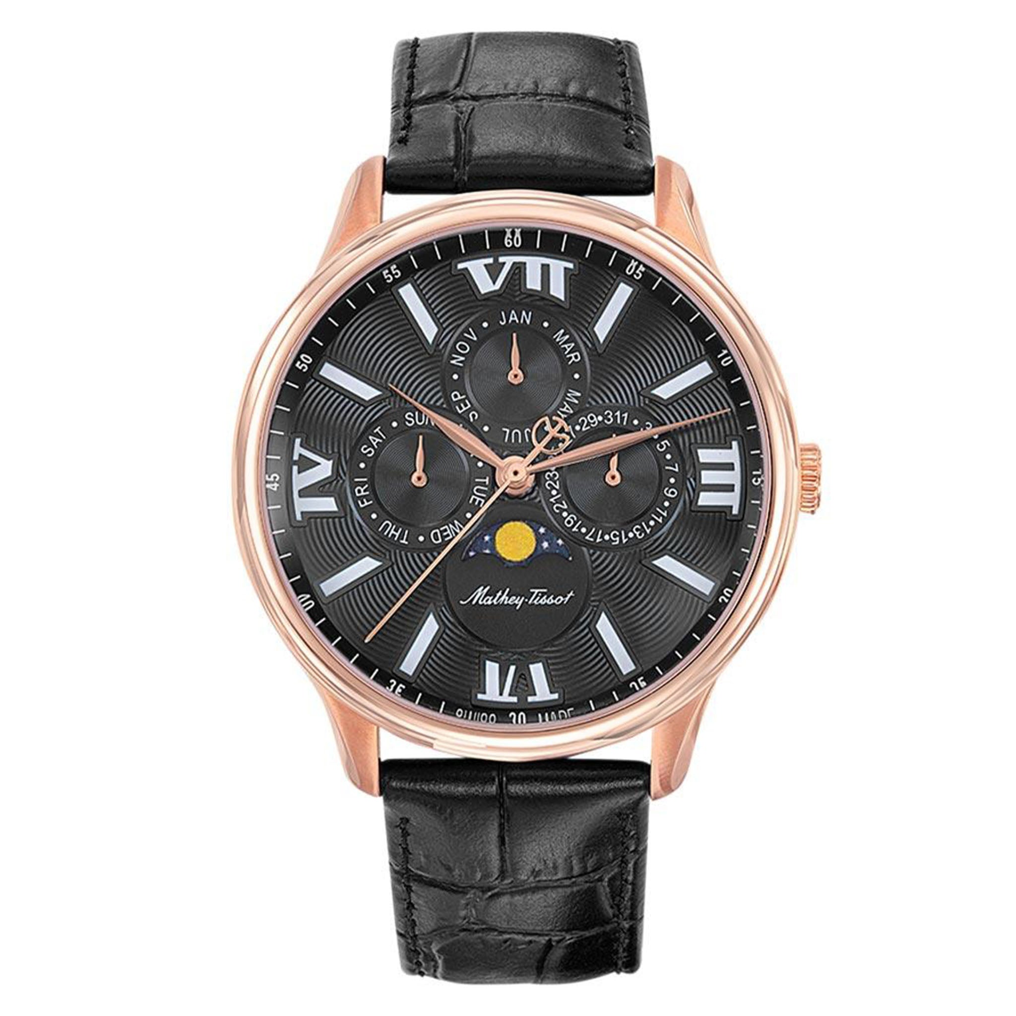 Mathey-Tissot Edmond Moon Leather Black Dial Swiss Made Men's Watch - H1886RPN