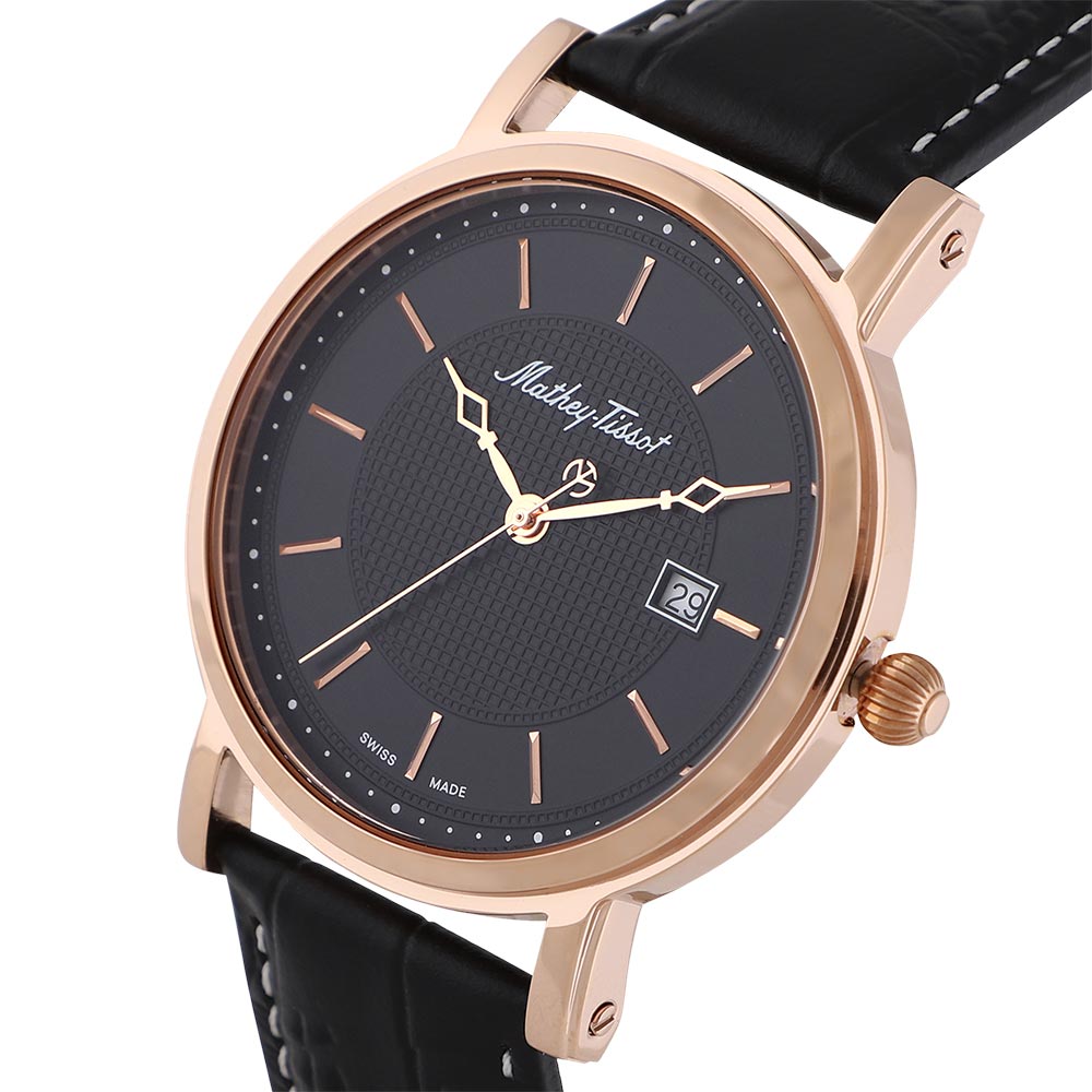 Mathey-Tissot City Leather Black Dial Swiss Made Men's Watch - HB611251PN