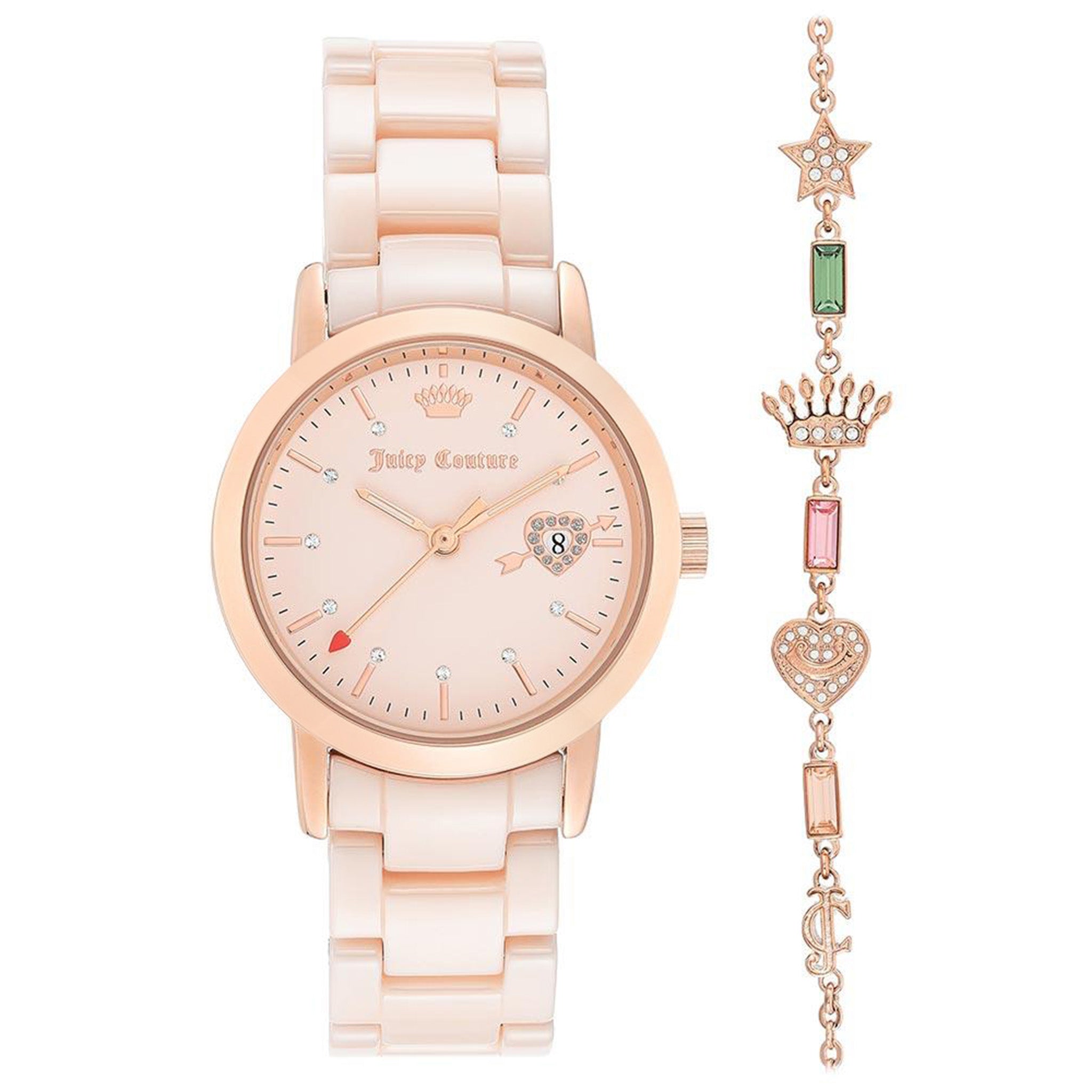 Juicy Couture Light Pink Ceramic Band with Crystal Charm Links Women's Watch - JC1304PKST