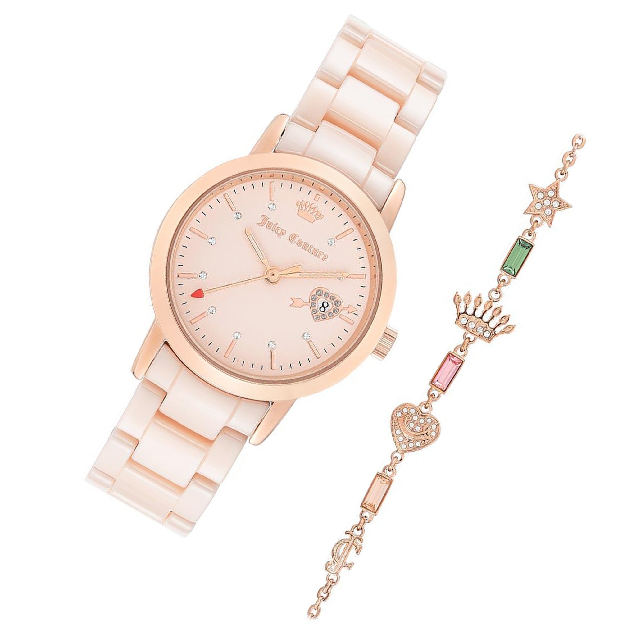 Juicy Couture Light Pink Ceramic Band with Crystal Charm Links Women's Watch - JC1304PKST