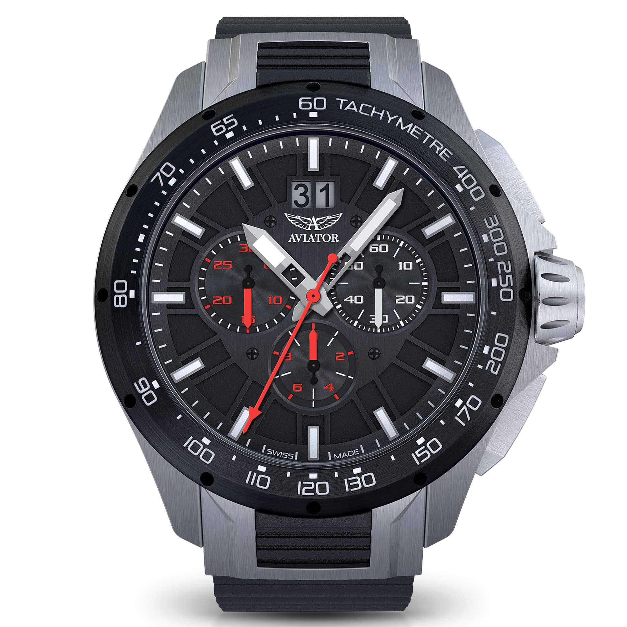 Aviator Stainless Steel Black Rubber Men's Watch - M21951346