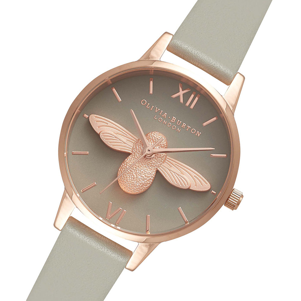 Olivia Burton 3D Bee Grey Leather Ladies Watch - OB15AM77