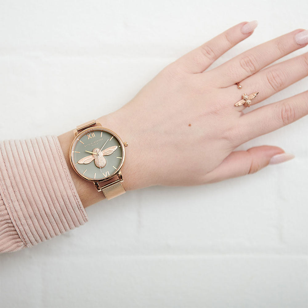 Olivia Burton 3D Bee Rose Gold Mesh Women's Watch - OB16AM117