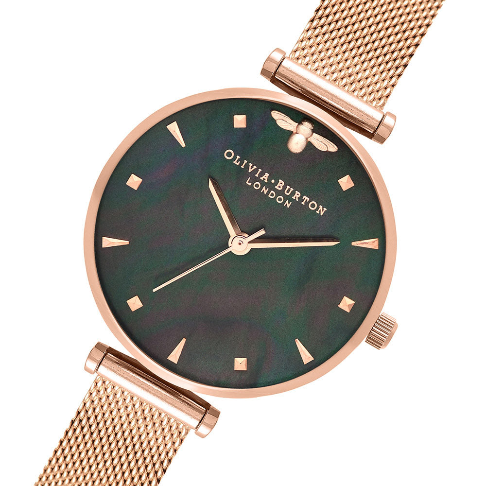 Olivia Burton Queen Bee Black Mother of Pearl Mesh Ladies Watch - OB16AM145