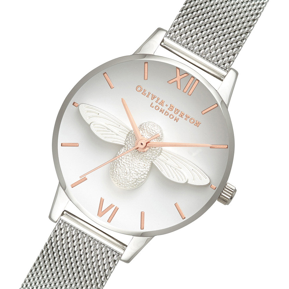 Olivia Burton 3D Bee Silver Mesh Ladies Watch - OB16AM146