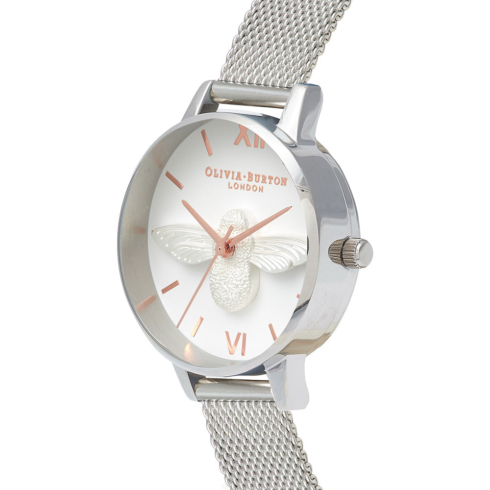 Olivia Burton 3D Bee Silver Mesh Ladies Watch - OB16AM146