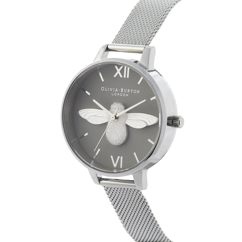 Olivia Burton 3D Bee Silver Mesh Ladies Watch - OB16AM159