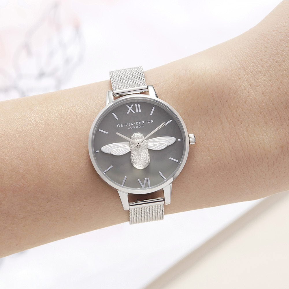 Olivia Burton 3D Bee Silver Mesh Ladies Watch - OB16AM159