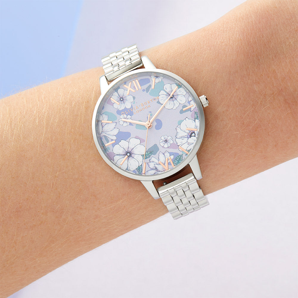 Olivia Burton Groovy Blooms Silver Steel Floral Dial Women's Watch - OB16AN05
