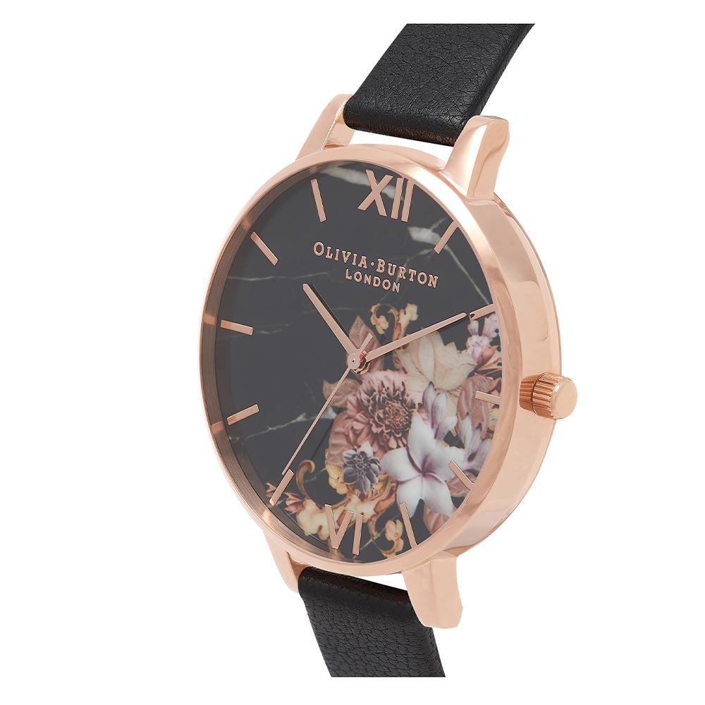 Olivia Burton Marble Black Leather Floral Dial Women's Watch - OB16CS01