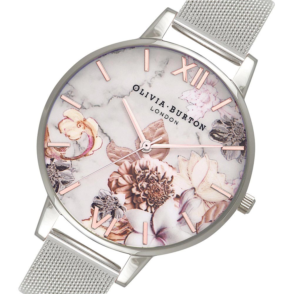 Olivia Burton Marble Floral Rose Gold & Silver Mesh Ladies Watch - OB16CS10