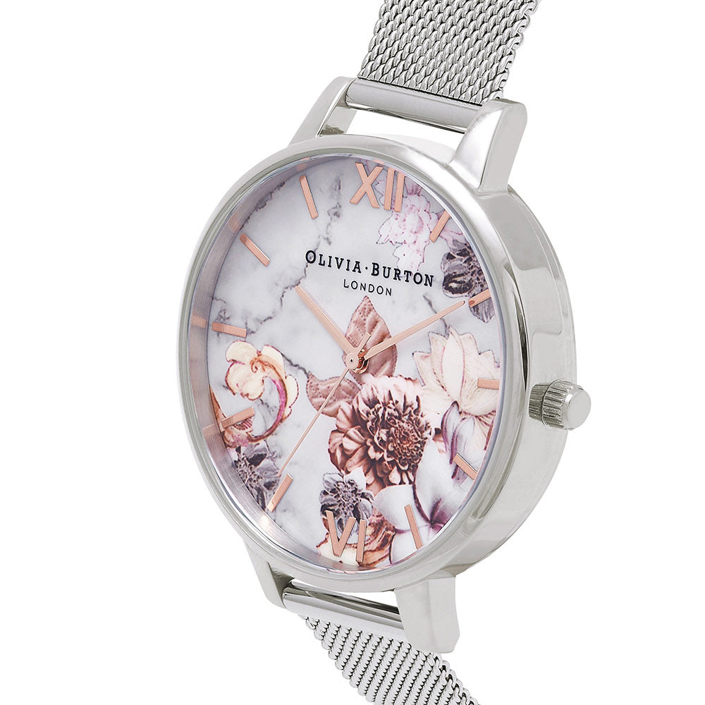 Olivia Burton Marble Floral Rose Gold & Silver Mesh Ladies Watch - OB16CS10