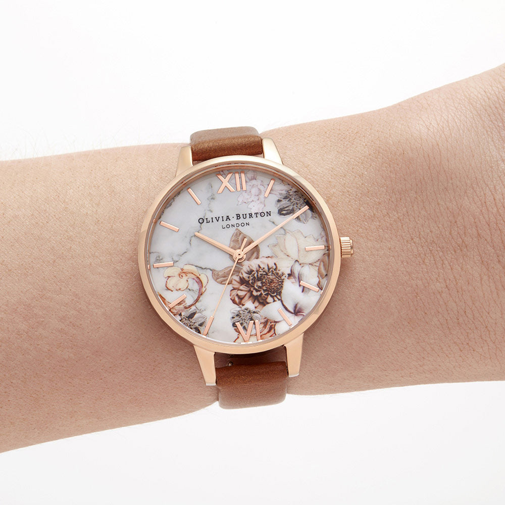 Olivia Burton Marble Florals Honey Tan Leather Women's Watch - OB16CS30