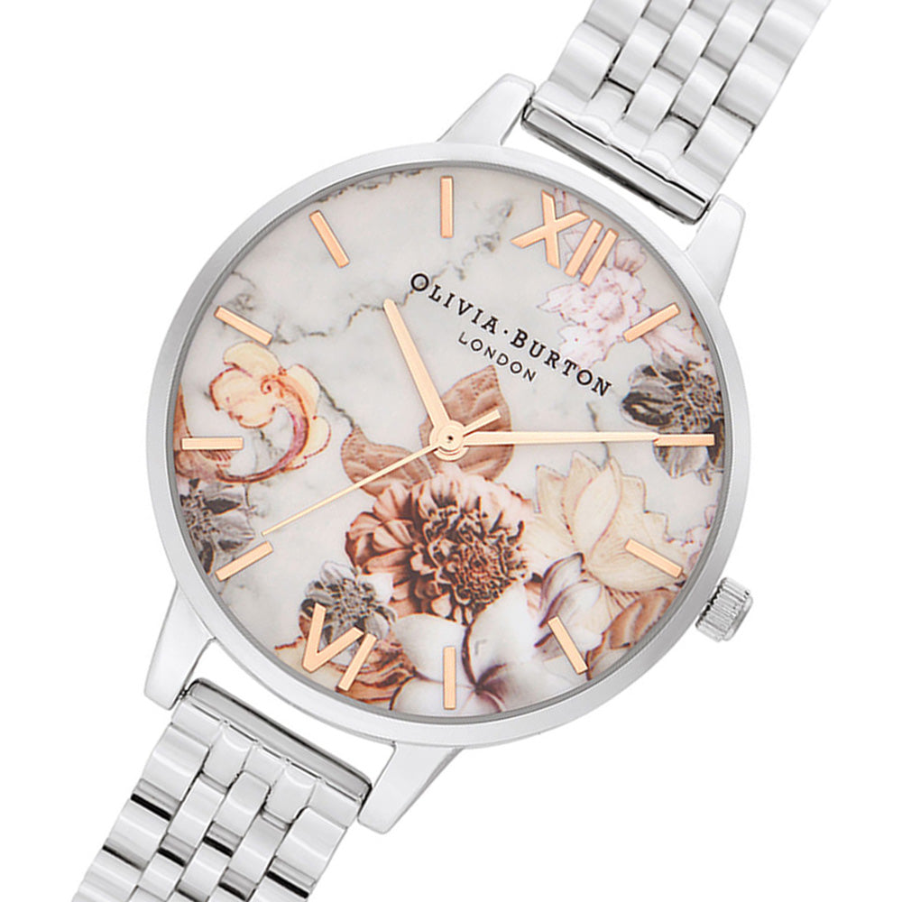 Olivia Burton Marble Florals Silver Bracelet Ladies Watch - OB16CS31