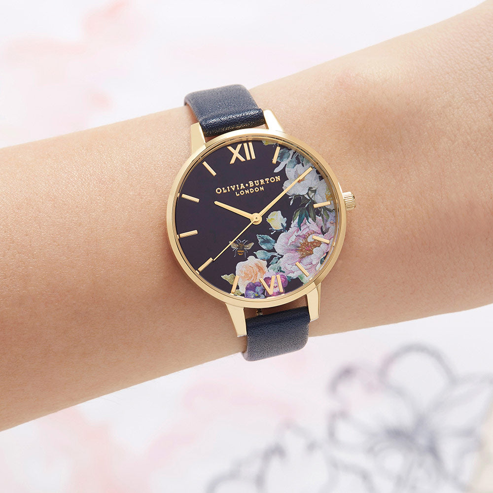 Olivia Burton Enchanted Garden Navy Leather Ladies Watch - OB16EG113