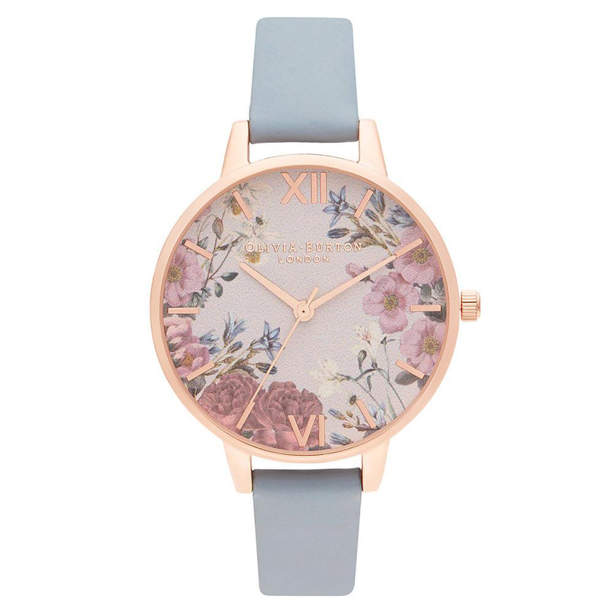 Olivia Burton British Blooms Chalk Blue Leather Floral Dial Women's Watch - OB16EG132