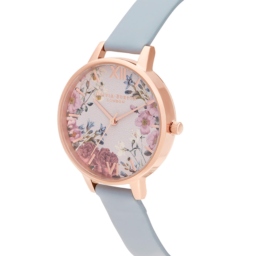 Olivia Burton British Blooms Chalk Blue Leather Floral Dial Women's Watch - OB16EG132