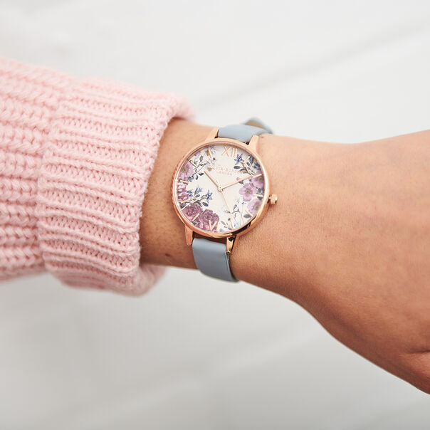 Olivia Burton British Blooms Chalk Blue Leather Floral Dial Women's Watch - OB16EG132