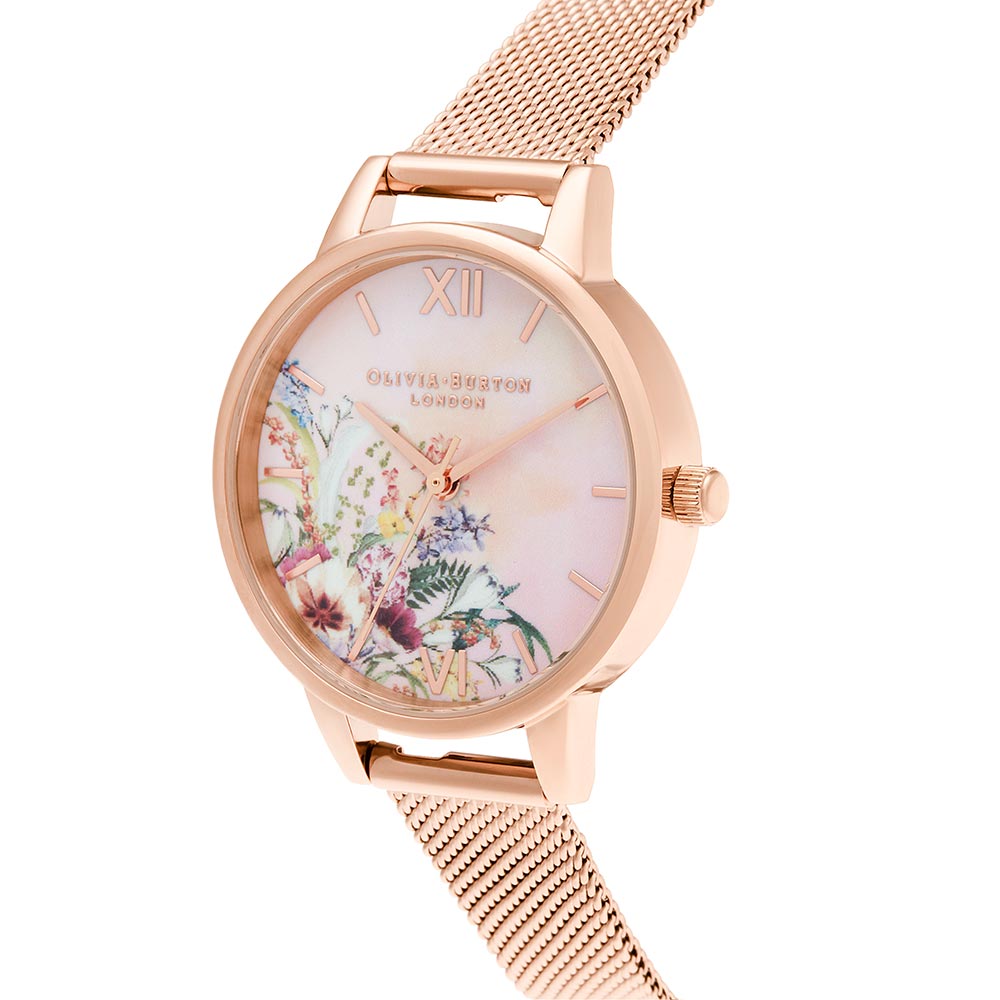 Olivia Burton Enchanted Garden Tie Dye Dial Midi Rose Gold Mesh Women's Watch - OB16EG157