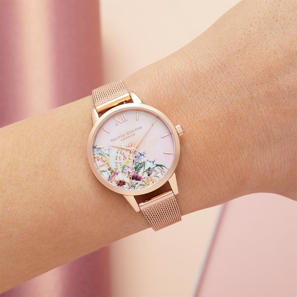 Olivia Burton Enchanted Garden Tie Dye Dial Midi Rose Gold Mesh Women's Watch - OB16EG157
