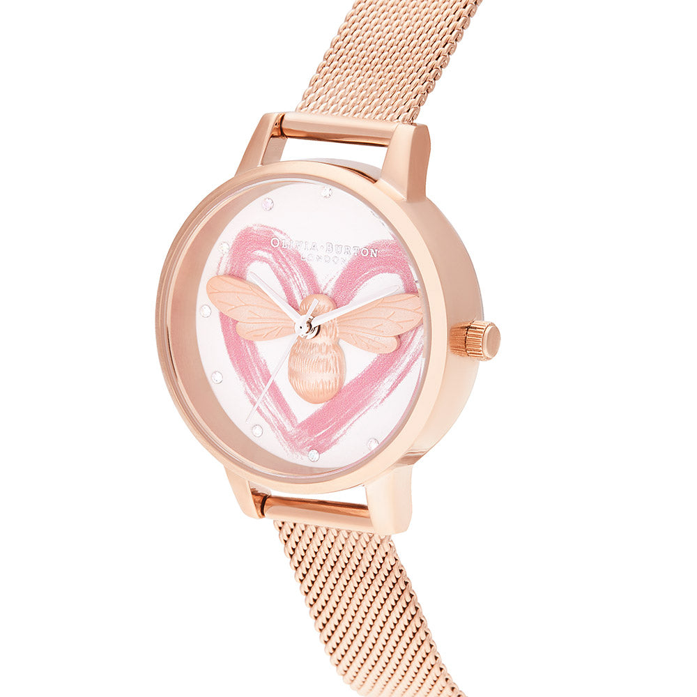 Olivia Burton You Have My Heart Lucky Bee & Rose Gold Mesh Ladies Watch - OB16FB01