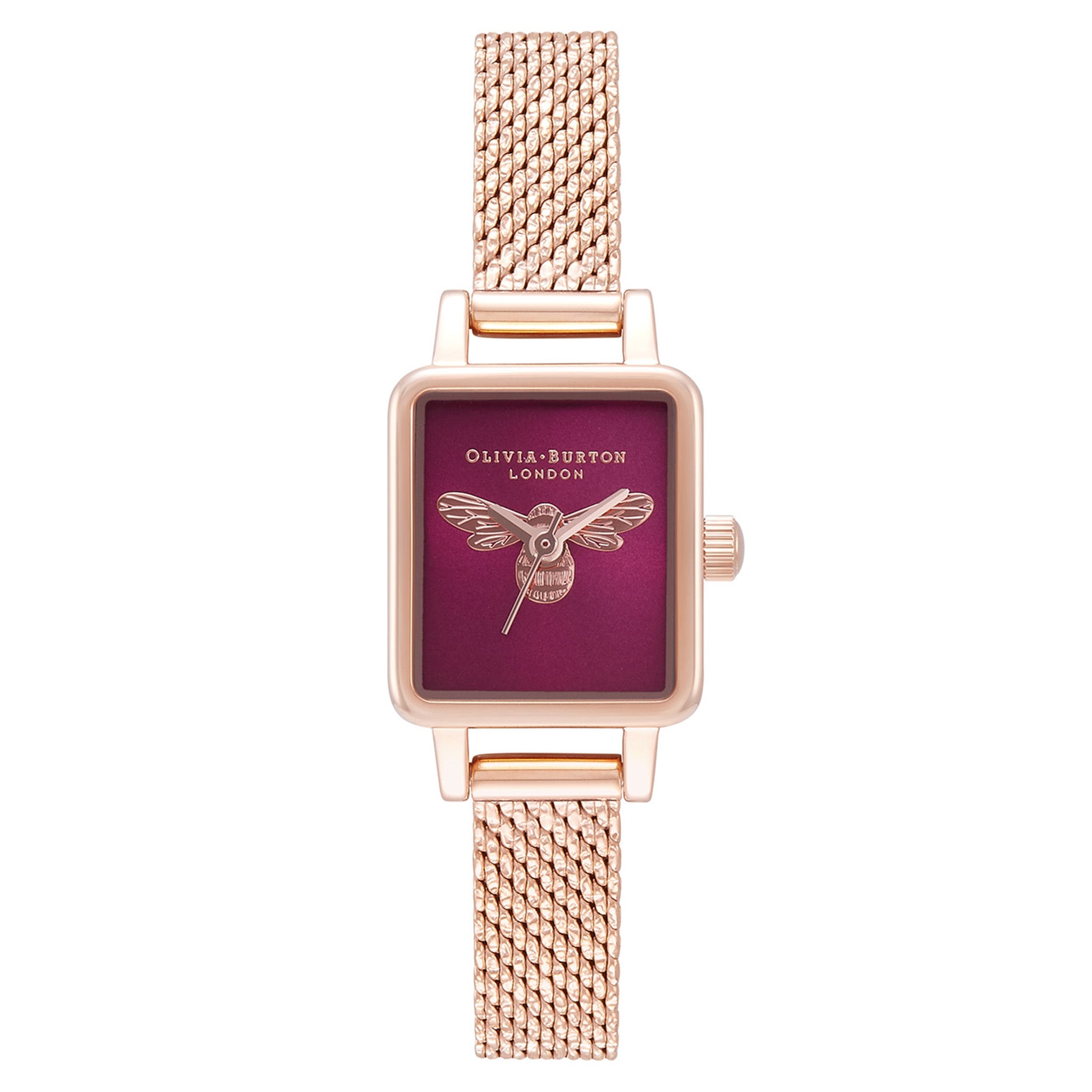 Olivia Burton Lucky Bee Rose Gold Mesh Burgundy Sunray & Bee Dial Women's Watch - OB16FB28