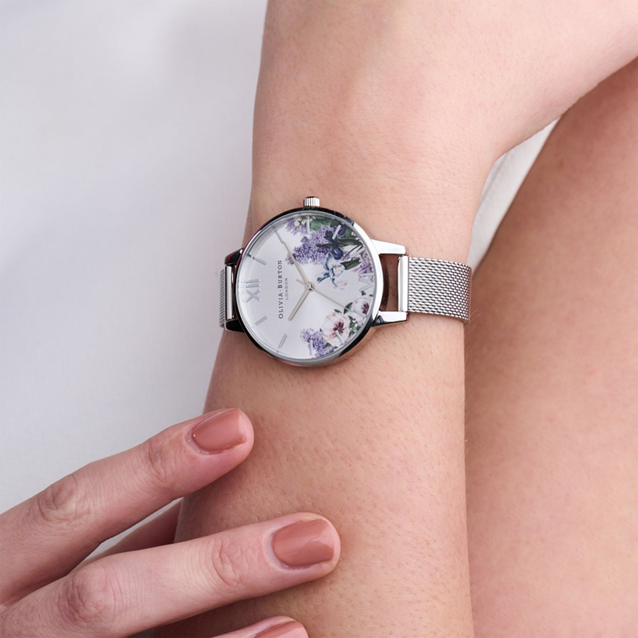 Olivia Burton Secret Garden Stainless Steel Mesh Silver Sunray & Floral Dial Women's Watch - OB16FS107