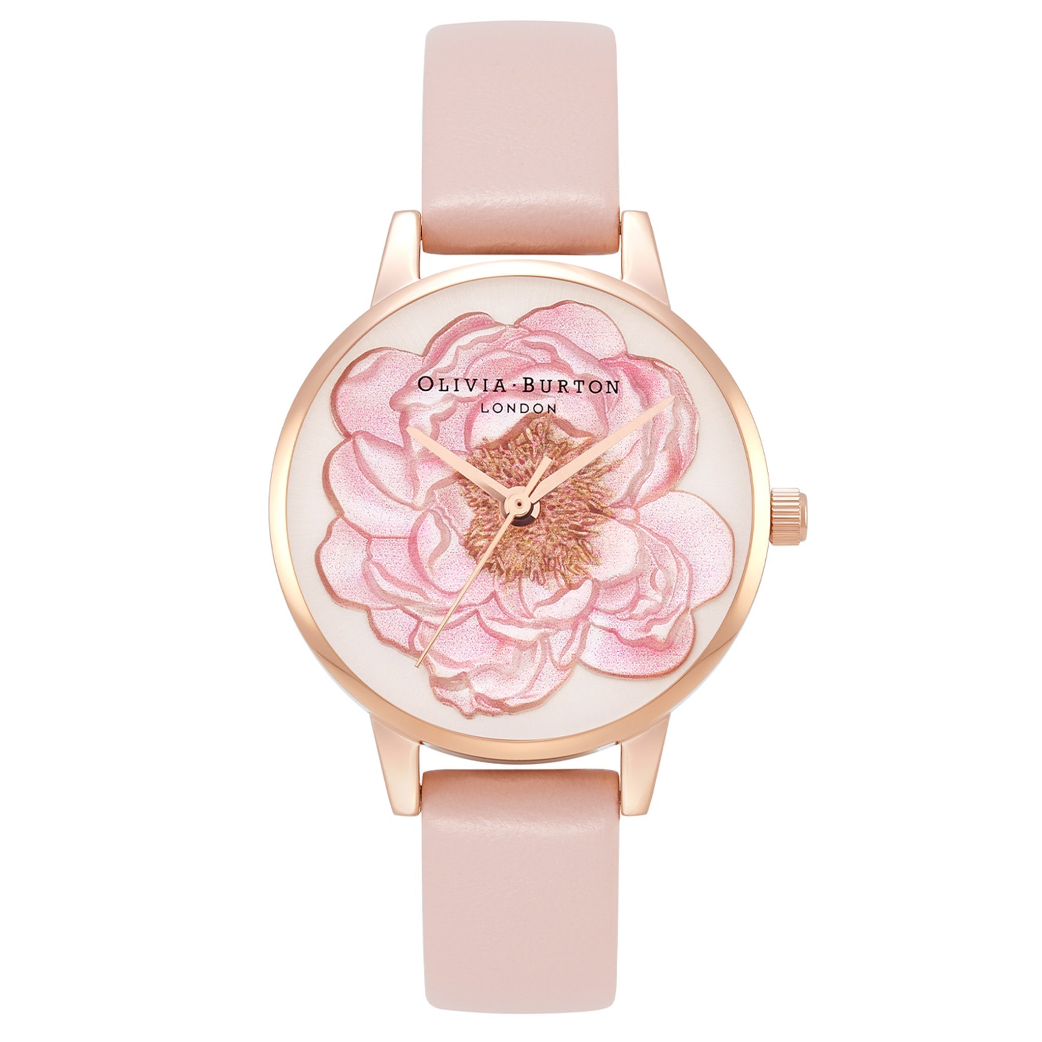 Olivia Burton Dusty Pink Leather Band Silver White Sunray & 3D Blossom Dial Women's Watch - OB16FS111