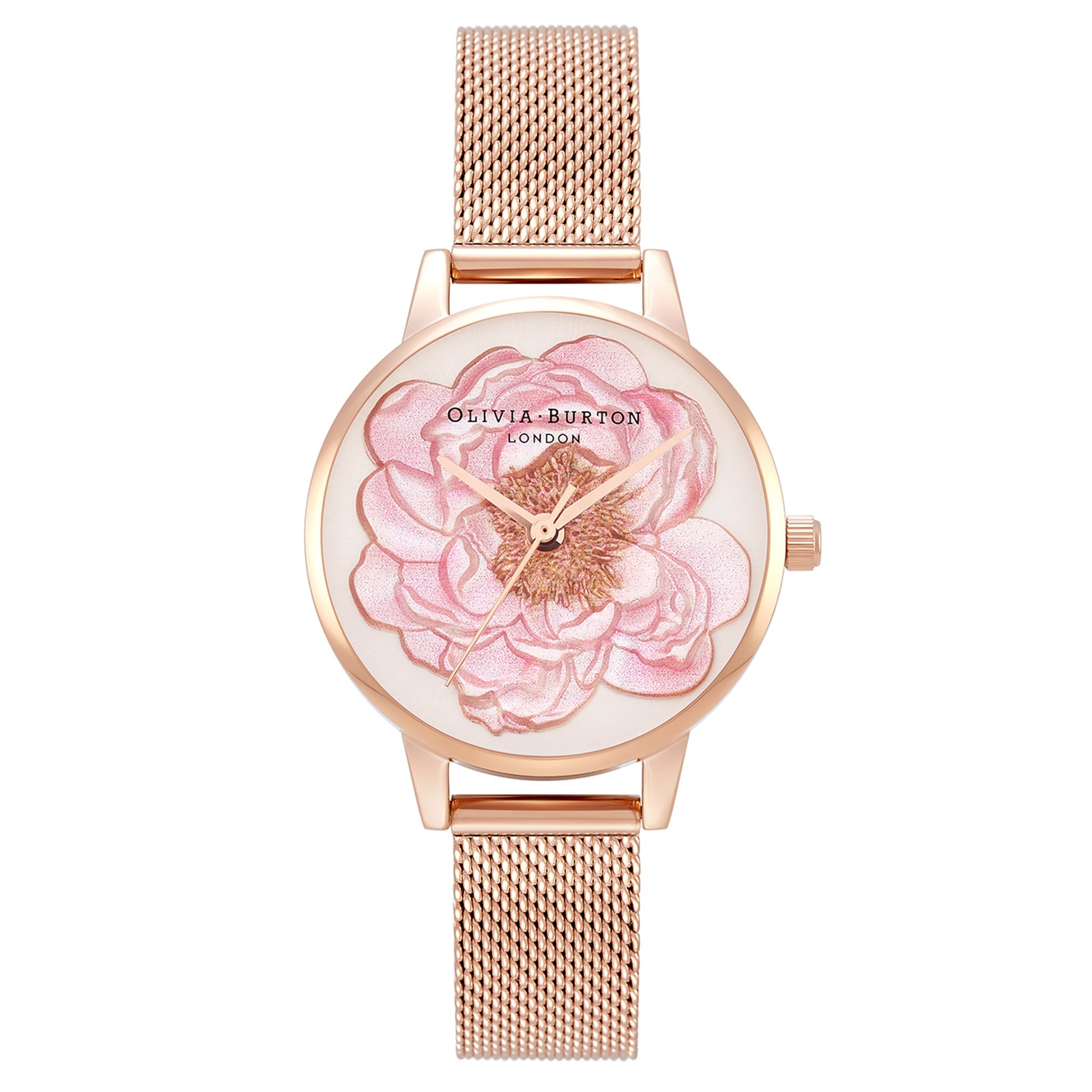 Olivia Burton Rose Gold Steel Mesh Silver White Sunray 3D Blossom Dial Women s Watch OB16FS112