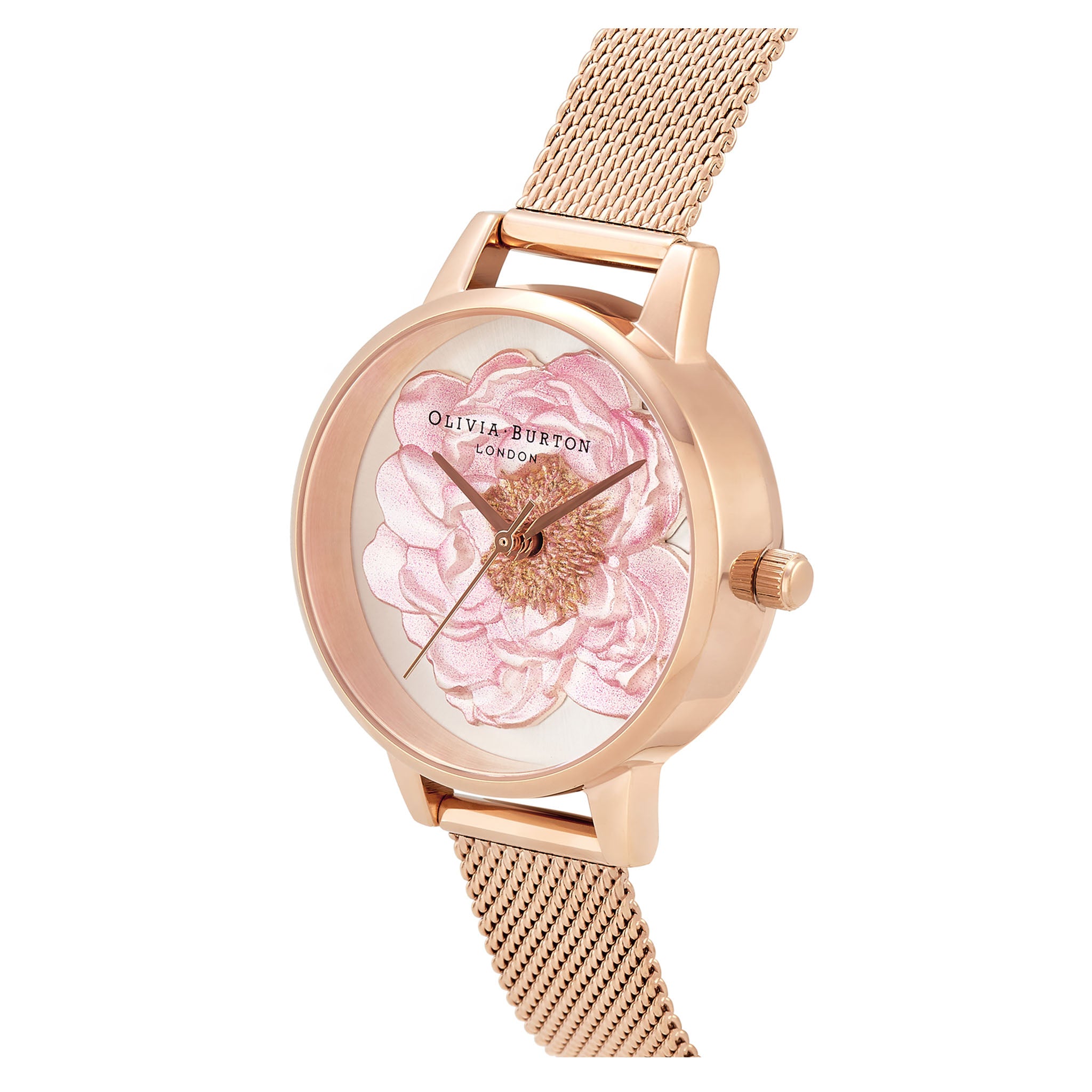 Olivia Burton Rose Gold Steel Mesh Silver White Sunray & 3D Blossom Dial Women's Watch - OB16FS112