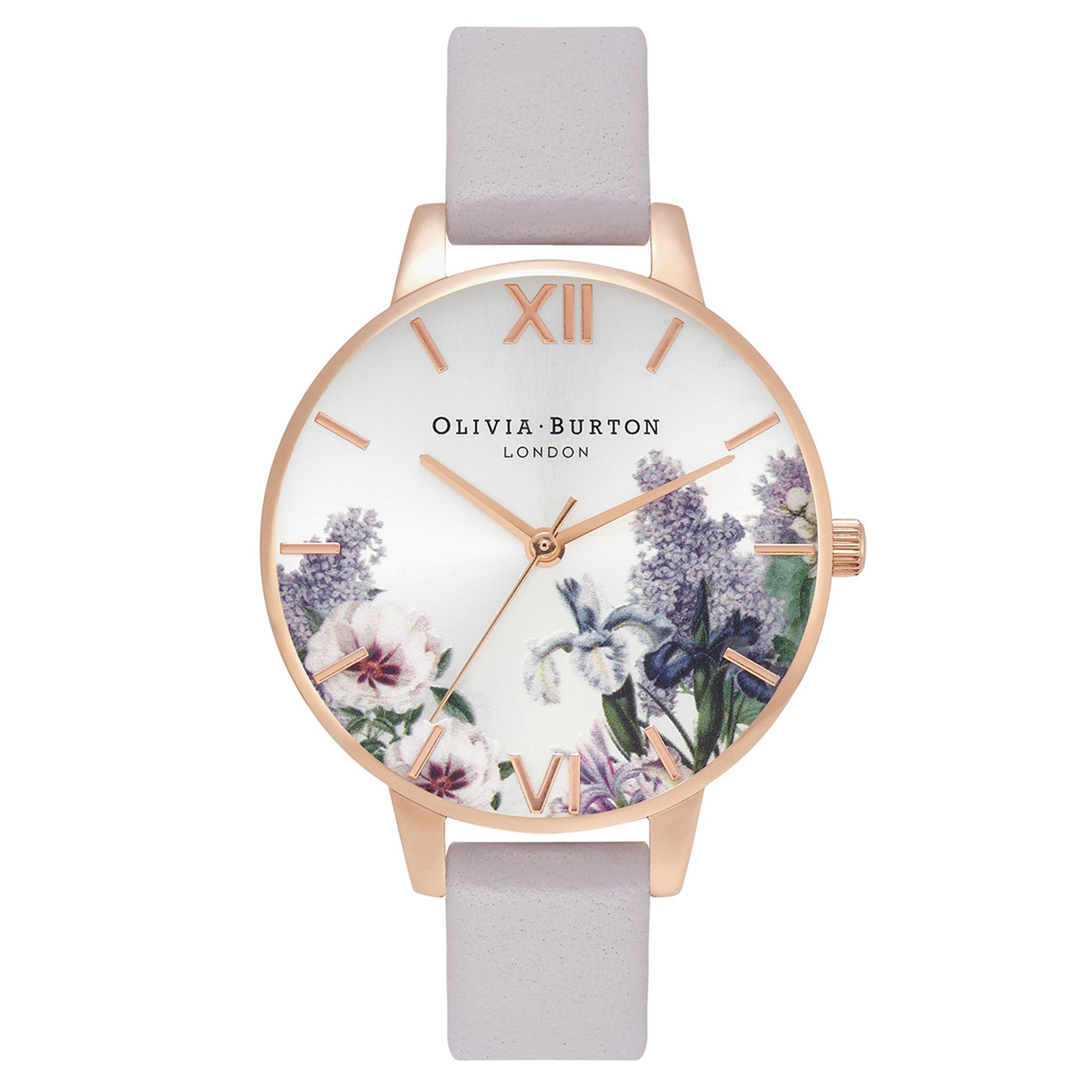 Olivia Burton Secret Garden Demi Dial Silver Sunray & Grey-Lilac Leather Band Women's Watch - OB16FS114