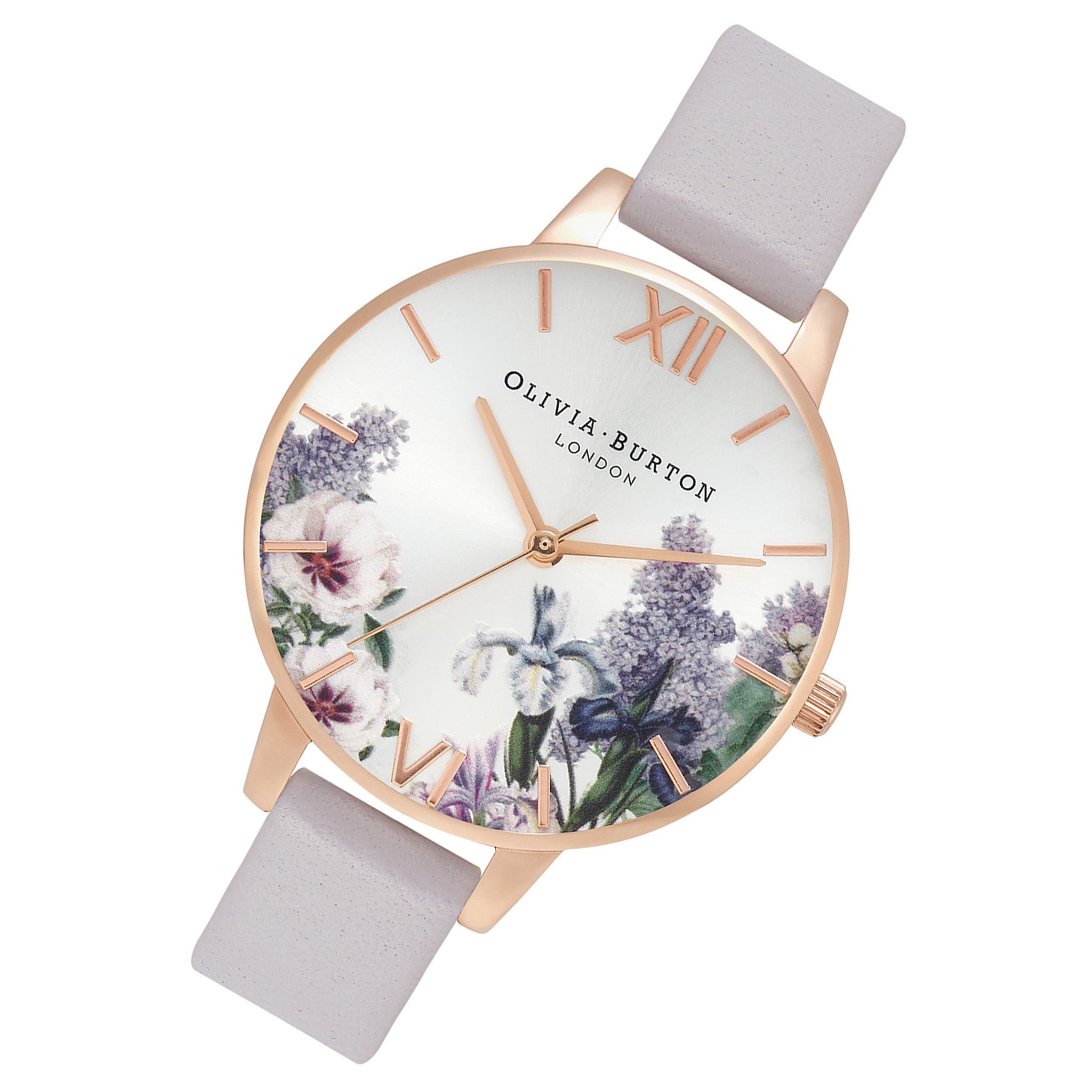 Olivia Burton Secret Garden Demi Dial Silver Sunray & Grey-Lilac Leather Band Women's Watch - OB16FS114