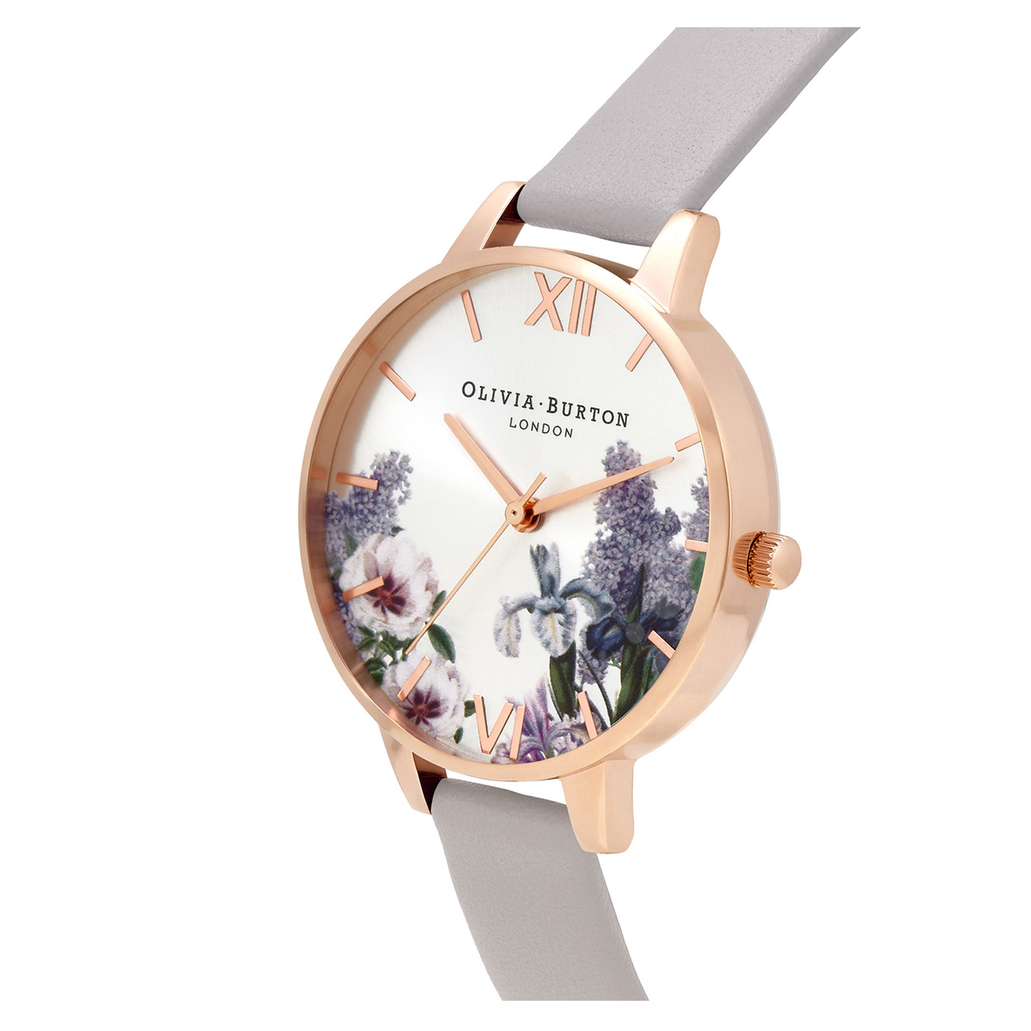 Olivia Burton Secret Garden Demi Dial Silver Sunray & Grey-Lilac Leather Band Women's Watch - OB16FS114