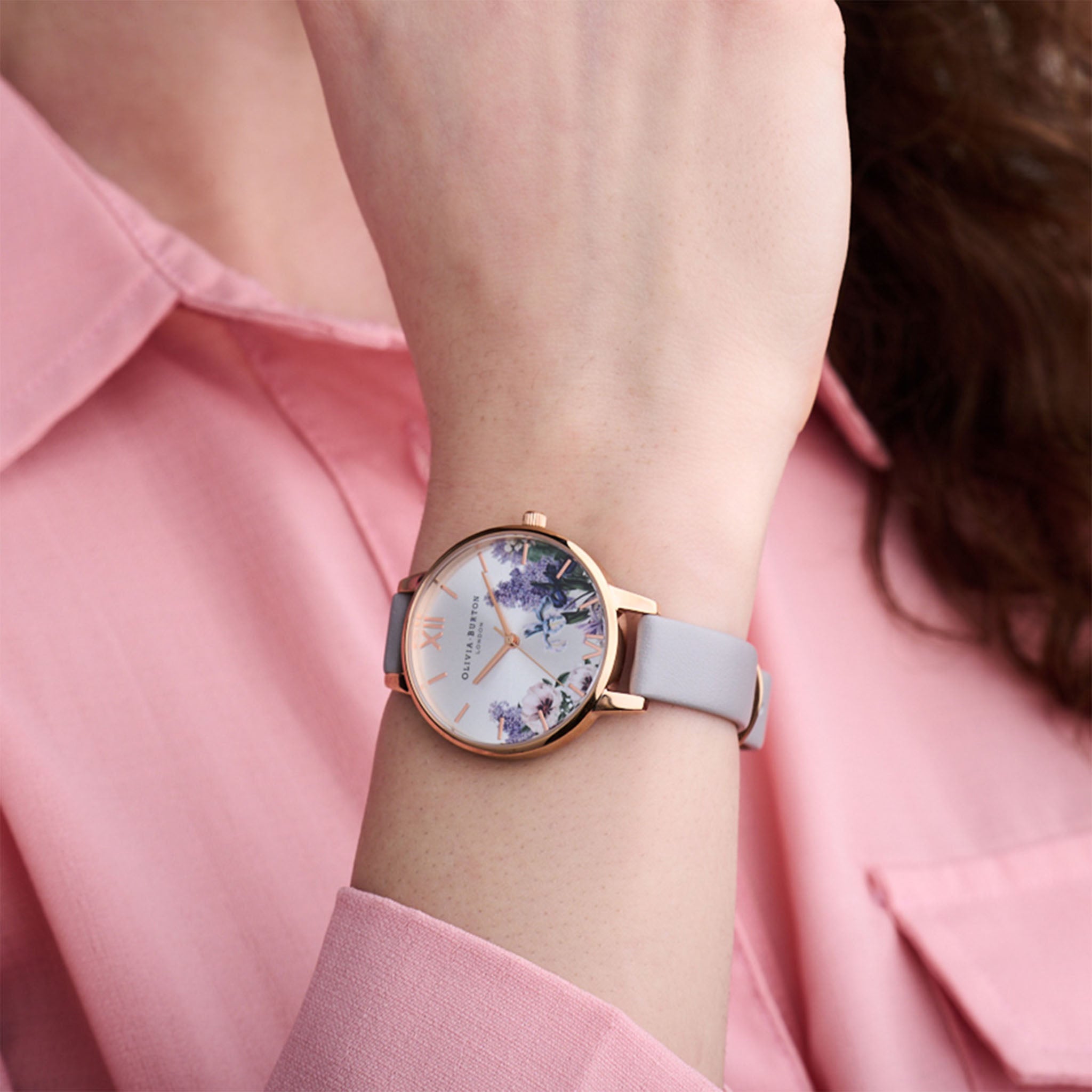 Olivia Burton Secret Garden Demi Dial Silver Sunray & Grey-Lilac Leather Band Women's Watch - OB16FS114