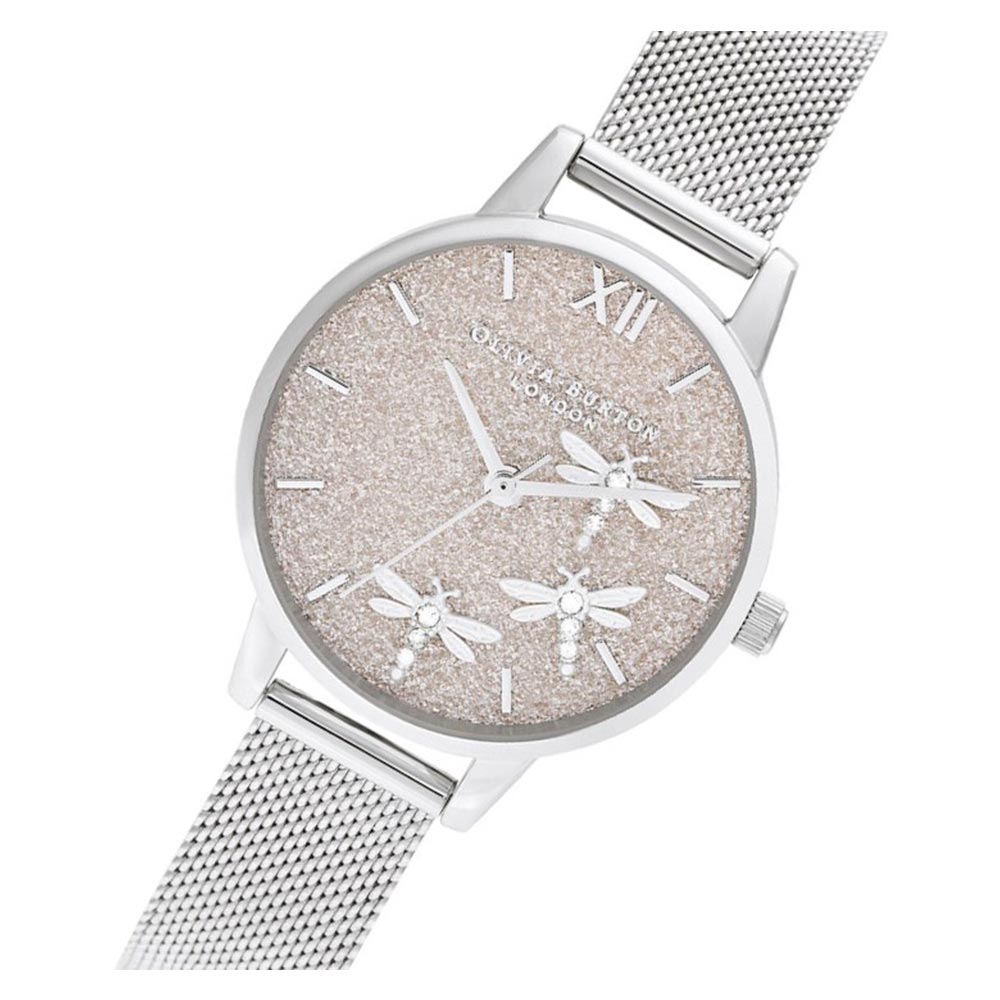 Olivia Burton Dancing Dragonfly Blush Glitter Dial & Silver Mesh Ladies Watch - OB16GB02