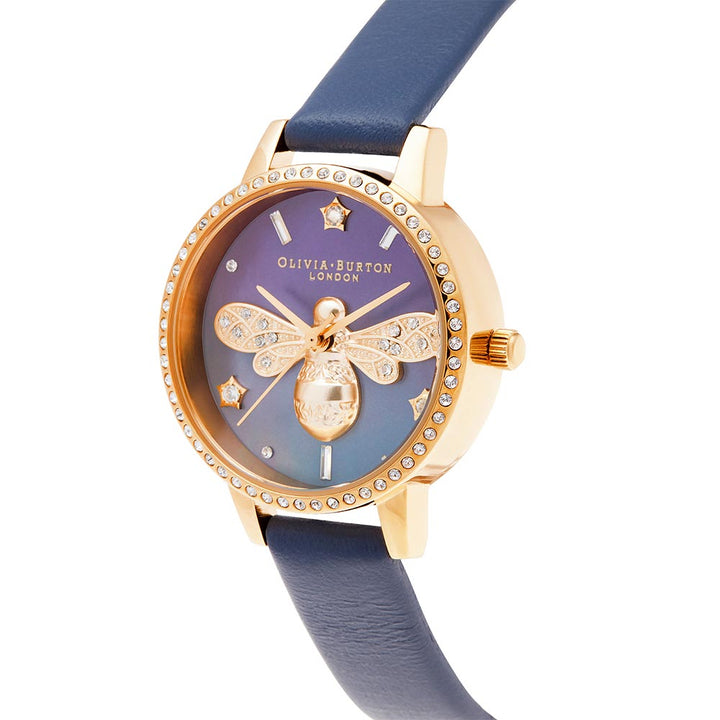 Olivia Burton Sparkle Bee Navy Leather Women's Watch - OB16GB06