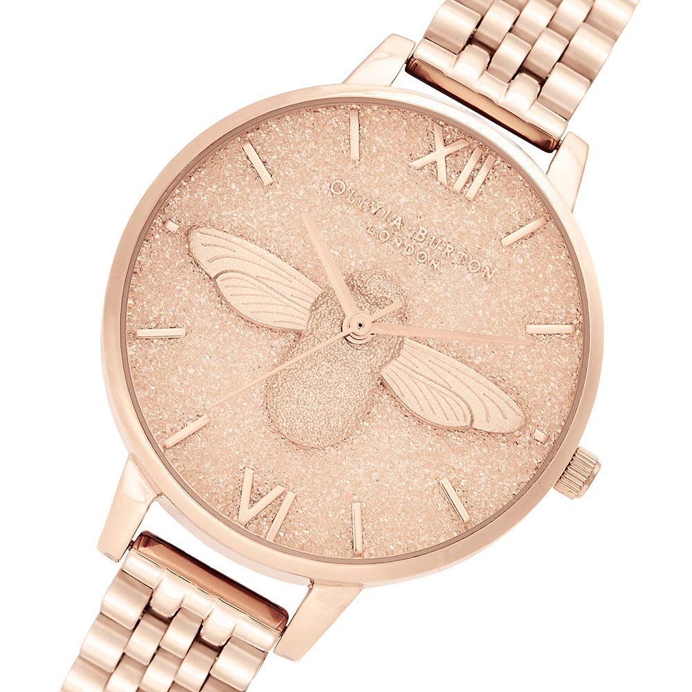 Olivia Burton Glitter 3D Bee Pale Rose Gold Bracelet Ladies Watch - OB16GD46