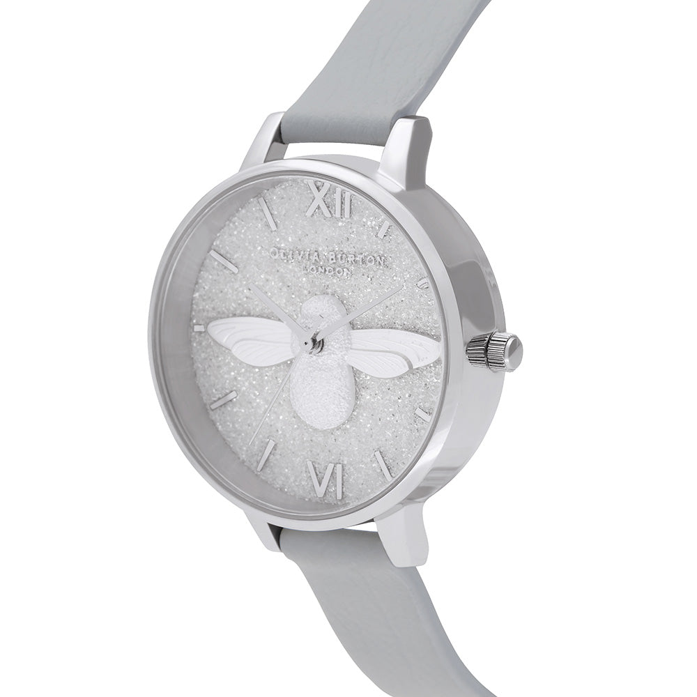 Olivia Burton 3D Bee Glitter Eco Light Grey Leather Women's Watch - OB16GD52